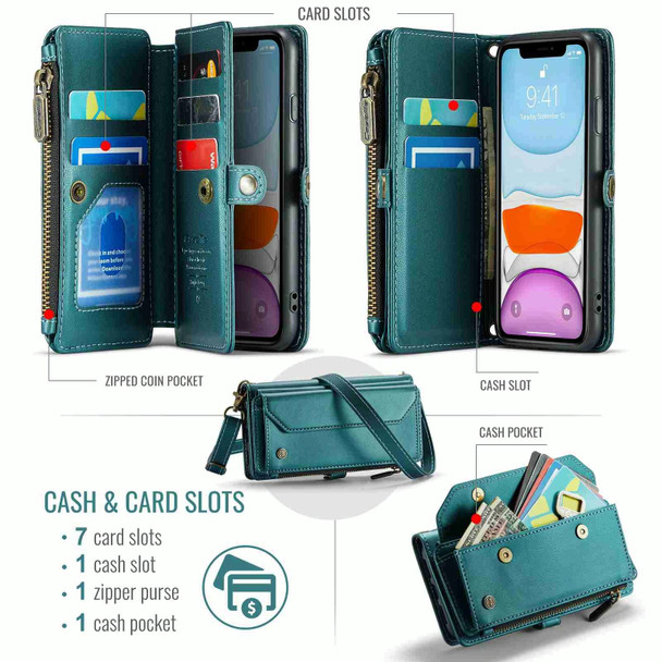 For iPhone 11 CaseMe C36 Card Slots Zipper Wallet RFID Anti-theft Leather Phone Case(Blue-green)