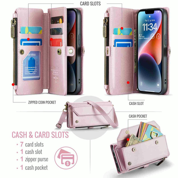 For iPhone 14 Plus CaseMe C36 Card Slots Zipper Wallet RFID Anti-theft Leather Phone Case(Pink)