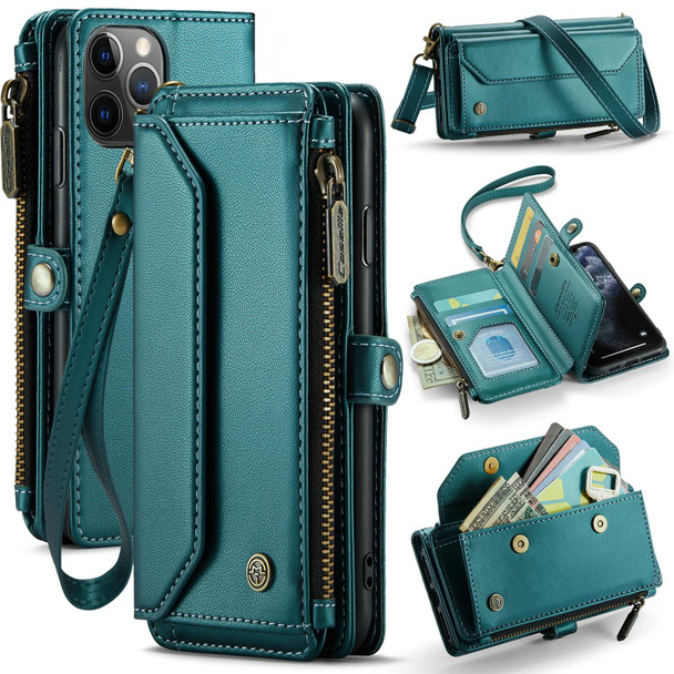 For iPhone 11 Pro Max CaseMe C36 Card Slots Zipper Wallet RFID Anti-theft Leather Phone Case(Blue-green)