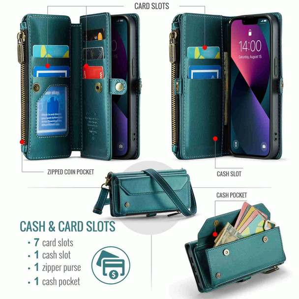 For iPhone 13 CaseMe C36 Card Slots Zipper Wallet RFID Anti-theft Leather Phone Case(Blue-green)