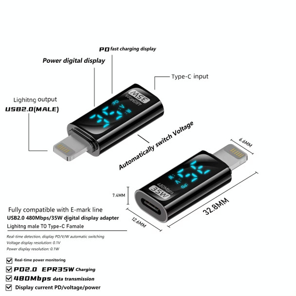 8 Pin Male to Type-C Female 35W Charging Adapter with Digital Display(Black)