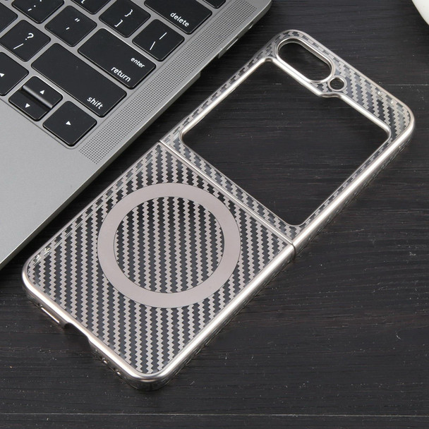 For Samsung Galaxy Z Flip5 6D Plated Carbon Fiber Clear Magsafe PC Phone Case(Titanium Grey)