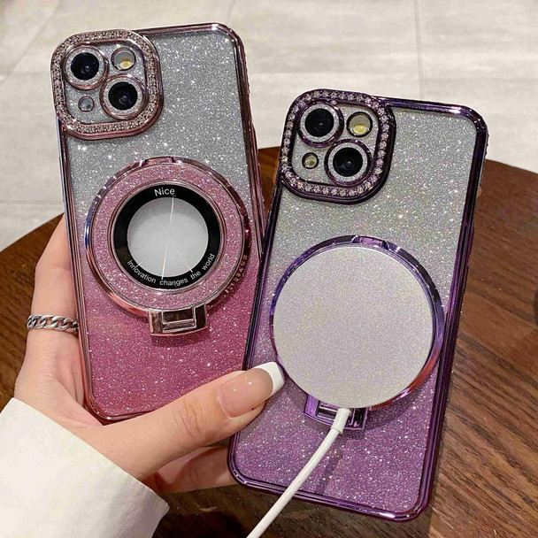 For iPhone 14 Plus Gradient Glitter Diamond Plated Holder Magsafe Phone Case(Silver)