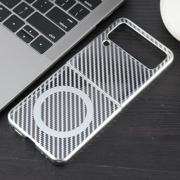 For Samsung Galaxy Z Flip4 6D Plated Carbon Fiber Clear Magsafe PC Phone Case(Starlight Silver)