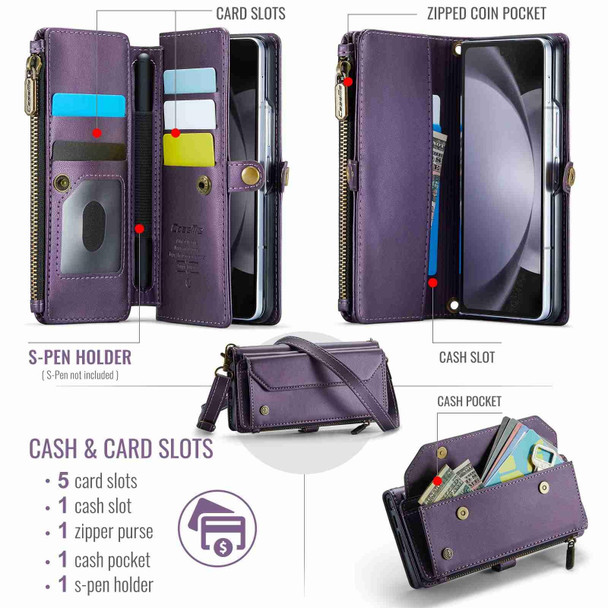 For Samsung Galaxy Z Fold5 CaseMe C36 Card Slots Zipper Wallet RFID Anti-theft Leather Phone Case(Purple)