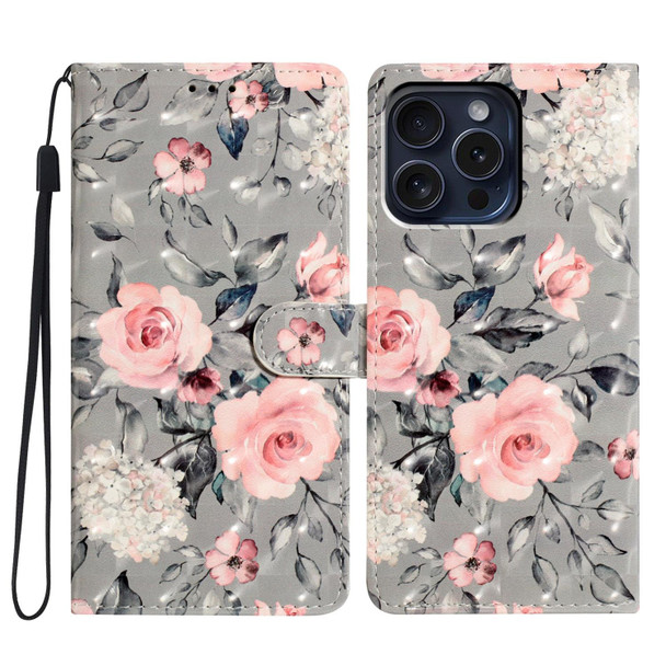 For iPhone 16 Pro 3D Pattern Leather Phone Case(Gray Base Flower)
