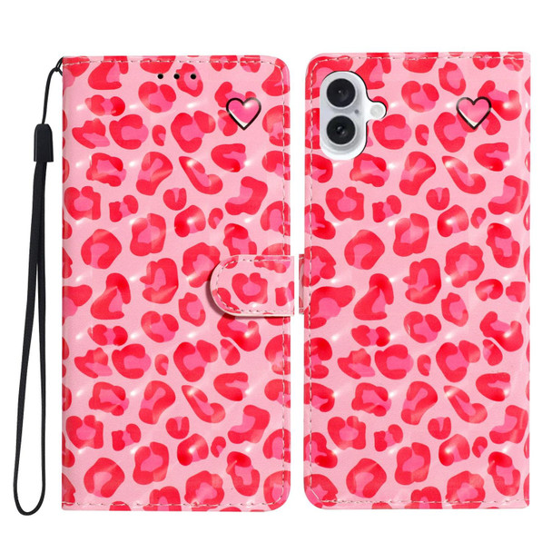 For iPhone 16 3D Pattern Leather Phone Case(Pink Leopard Print)