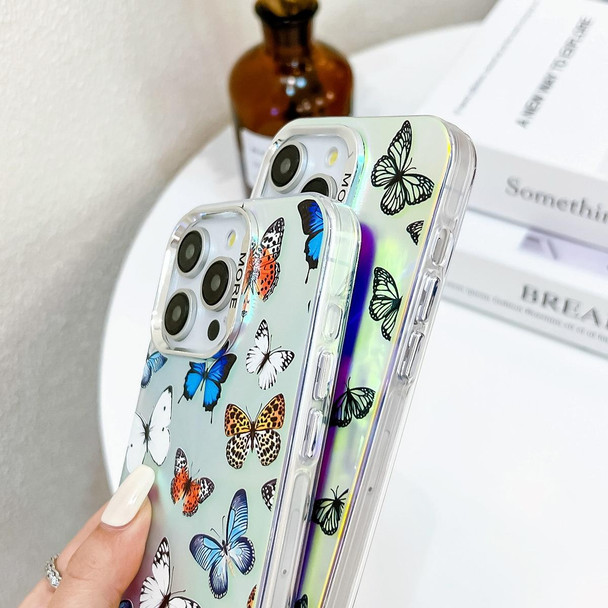 For iPhone 15 Pro Max Electroplating Laser Butterfly Phone Case with Wrist Strap(White Purple Butterflies AB6)