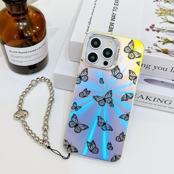For iPhone 13 Pro Max Electroplating Laser Butterfly Phone Case with Wrist Strap(Black Butterflies AB5)