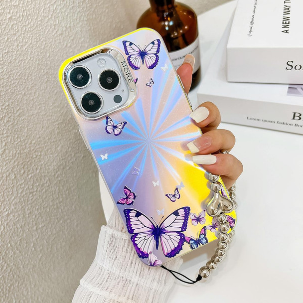 For iPhone 13 Electroplating Laser Butterfly Phone Case with Wrist Strap(Color Butterflies AB1)