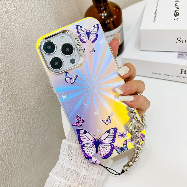 For iPhone 14 Electroplating Laser Butterfly Phone Case with Wrist Strap(Purple Butterflies AB3)