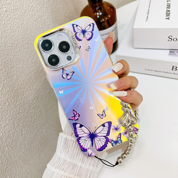 For iPhone 13 Electroplating Laser Butterfly Phone Case with Wrist Strap(White Purple Butterflies AB6)