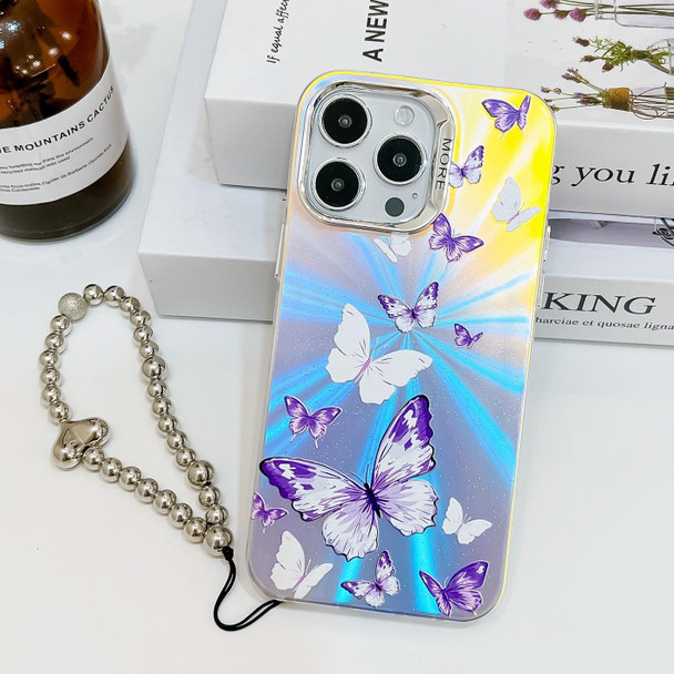 For iPhone 13 Pro Electroplating Laser Butterfly Phone Case with Wrist Strap(White Purple Butterflies AB6)