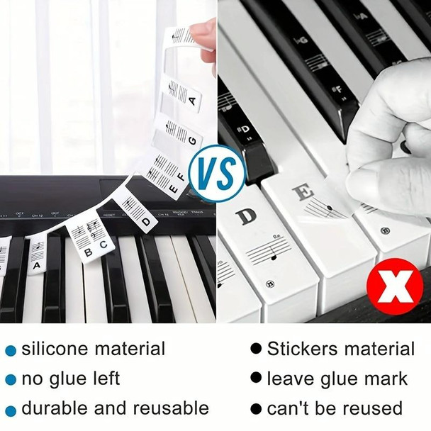 Silicone Piano Notes Guide Removable Piano Keyboard, Spec: 61 Keys White Bottom Black Text 