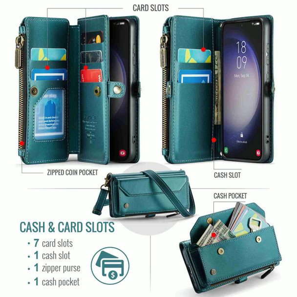 For Samsung Galaxy S23 5G CaseMe C36 Card Slots Zipper Wallet RFID Anti-theft Leather Phone Case(Blue-green)