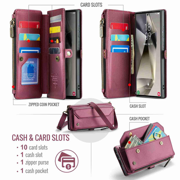 For Samsung Galaxy S24 Ultra 5G CaseMe C36 Card Slots Zipper Wallet RFID Anti-theft Leather Phone Case(Wine Red)