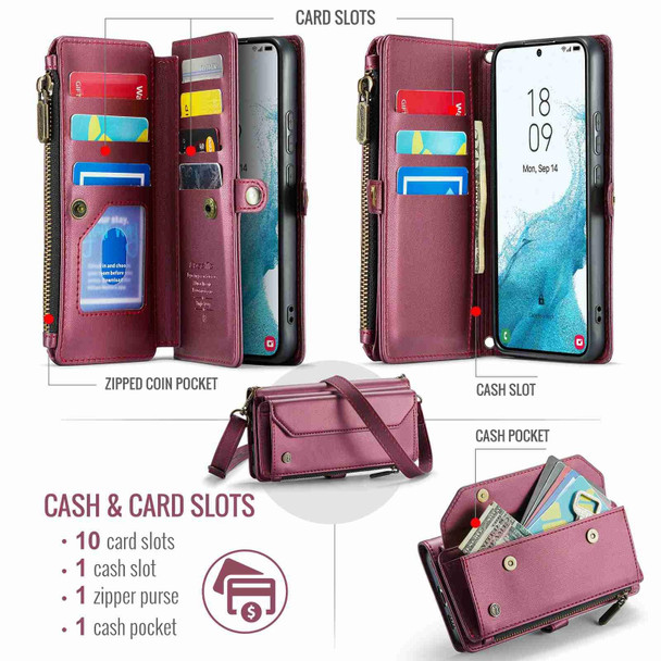 For Samsung Galaxy S22+ 5G CaseMe C36 Card Slots Zipper Wallet RFID Anti-theft Leather Phone Case(Wine Red)