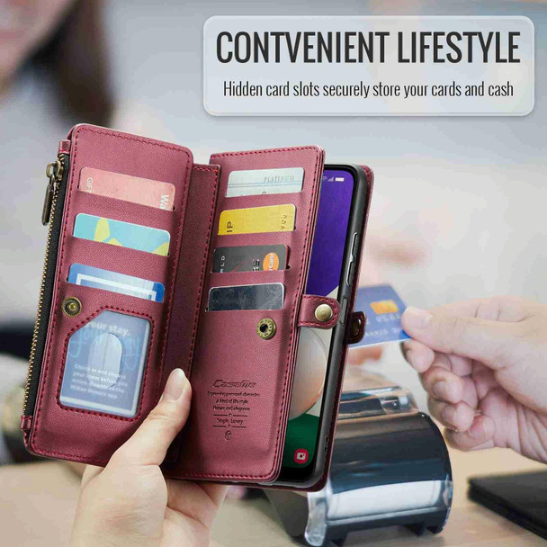 For Samsung Galaxy A22 5G CaseMe C36 Card Slots Zipper Wallet RFID Anti-theft Leather Phone Case(Wine Red)