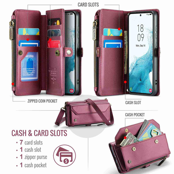 For Samsung Galaxy S22 5G CaseMe C36 Card Slots Zipper Wallet RFID Anti-theft Leather Phone Case(Wine Red)