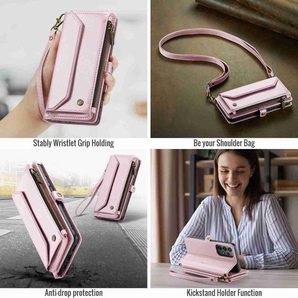 For Samsung Galaxy A23 CaseMe C36 Card Slots Zipper Wallet RFID Anti-theft Leather Phone Case(Pink)