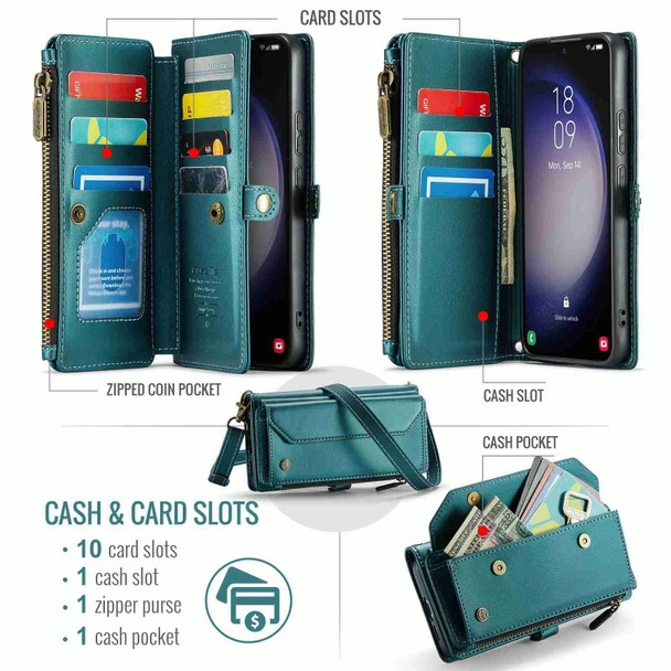 For Samsung Galaxy S23+ 5G CaseMe C36 Card Slots Zipper Wallet RFID Anti-theft Leather Phone Case(Blue-green)