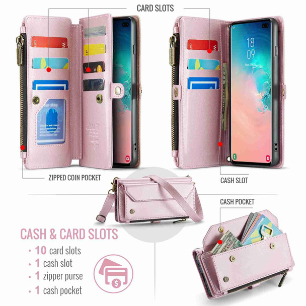 For Samsung Galaxy S10+ CaseMe C36 Card Slots Zipper Wallet RFID Anti-theft Leather Phone Case(Pink)