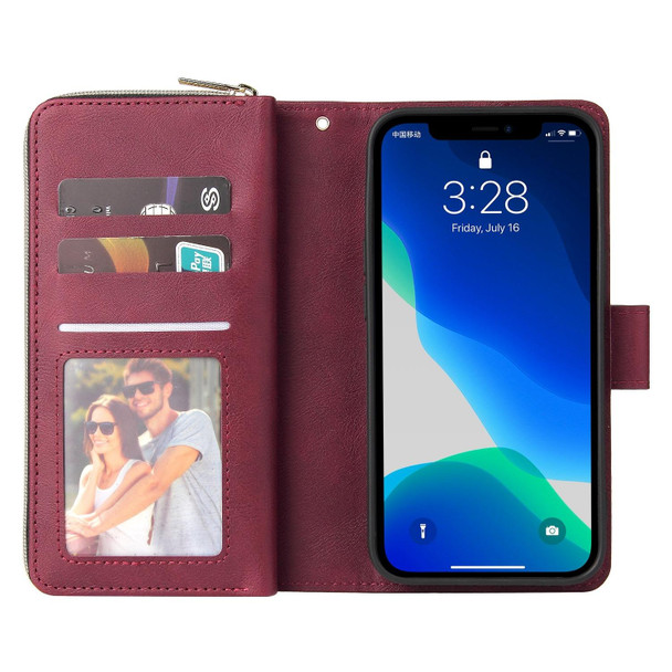 9 Card Slots Zipper Wallet Bag Leatherette Phone Case - iPhone 13 Pro Max(Wine Red)