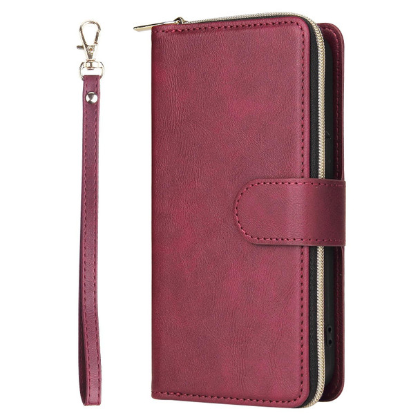 9 Card Slots Zipper Wallet Bag Leatherette Phone Case - iPhone 13 Pro Max(Wine Red)