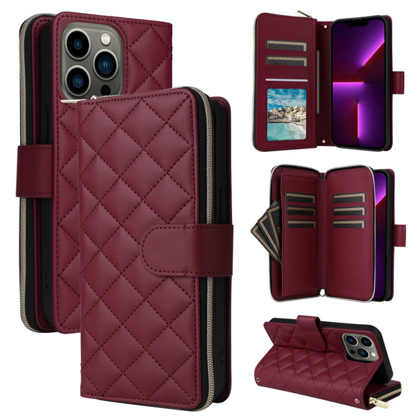 For iPhone 13 Pro Crossbody Rhombic Zipper Tower Buckle Leather Phone Case with Lanyard(Wine Red)