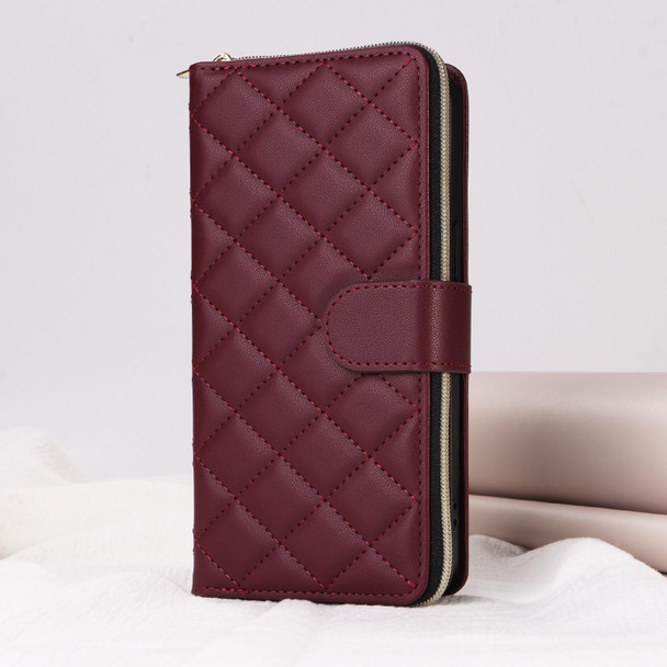 For iPhone 15 Crossbody Rhombic Zipper Tower Buckle Leather Phone Case with Lanyard(Wine Red)