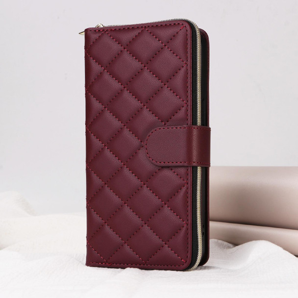 For iPhone 15 Pro Max Crossbody Rhombic Zipper Tower Buckle Leather Phone Case with Lanyard(Wine Red)