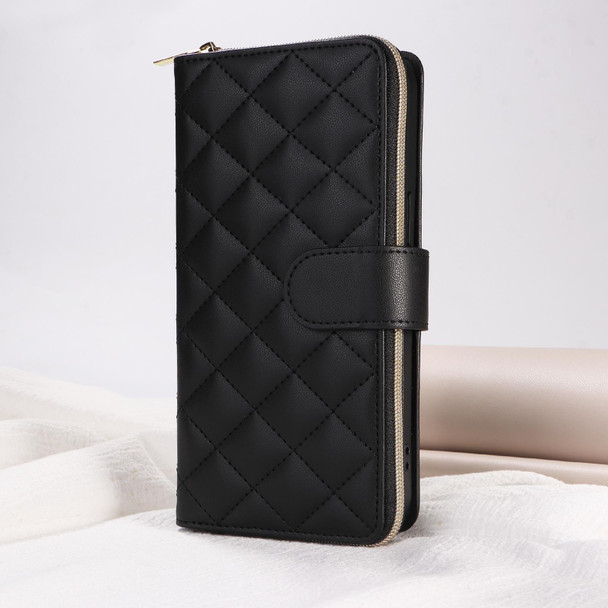 For iPhone 8 Plus / 7 Plus Crossbody Rhombic Zipper Tower Buckle Leather Phone Case with Lanyard(Black)