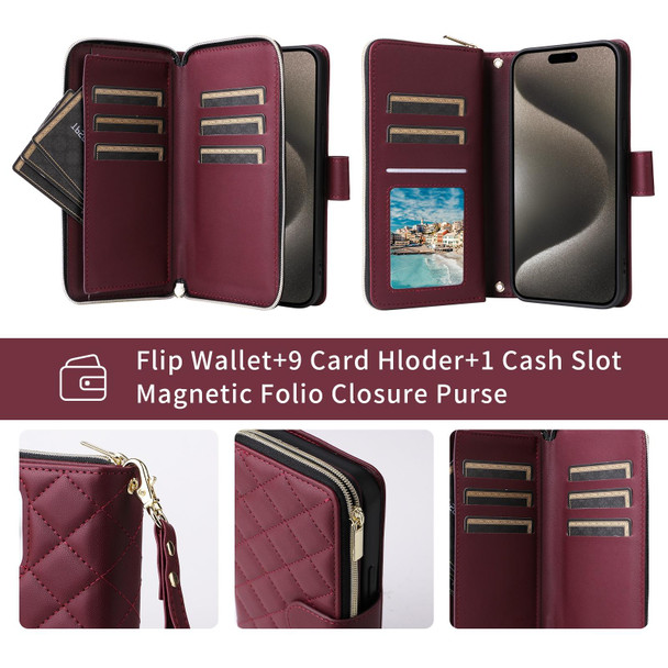 For iPhone 12 Pro Max Crossbody Rhombic Zipper Tower Buckle Leather Phone Case with Lanyard(Wine Red)