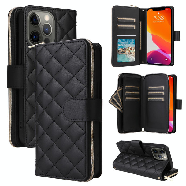 For iPhone 12/12 Pro Crossbody Rhombic Zipper Tower Buckle Leather Phone Case with Lanyard(Black)