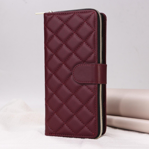 For Samsung Galaxy S22+ 5G Crossbody Rhombic Zipper Tower Buckle Leather Phone Case with Lanyard(Wine Red)