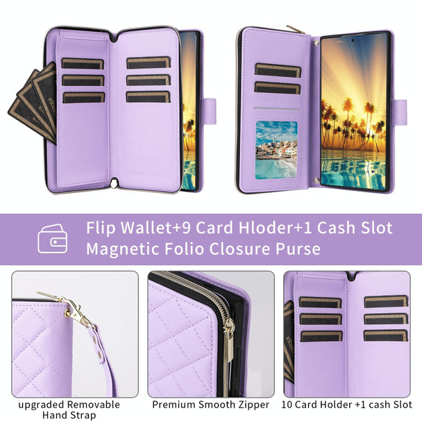 For Samsung Galaxy S24 5G Crossbody Rhombic Zipper Tower Buckle Leather Phone Case with Lanyard(Purple)