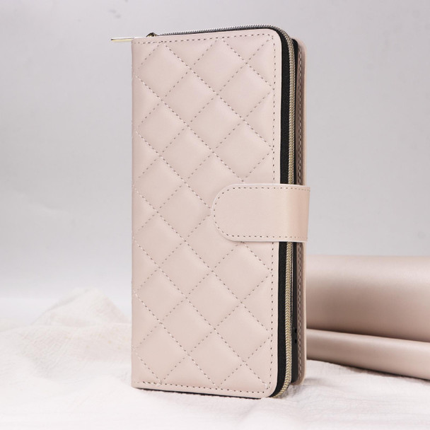 For Samsung Galaxy S23 Ultra 5G Crossbody Rhombic Zipper Tower Buckle Leather Phone Case with Lanyard(Beige)