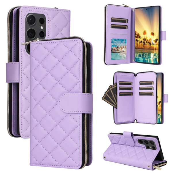 For Samsung Galaxy S24 Ultra 5G Crossbody Rhombic Zipper Tower Buckle Leather Phone Case with Lanyard(Purple)