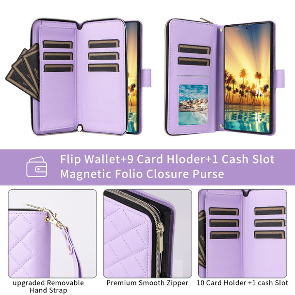 For Samsung Galaxy S24 Ultra 5G Crossbody Rhombic Zipper Tower Buckle Leather Phone Case with Lanyard(Purple)