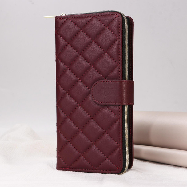 For Samsung Galaxy S21 FE 5G Crossbody Rhombic Zipper Tower Buckle Leather Phone Case with Lanyard(Wine Red)