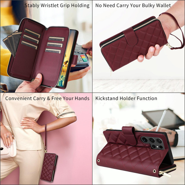 For Samsung Galaxy S23+ Crossbody Rhombic Zipper Tower Buckle Leather Phone Case with Lanyard(Wine Red)