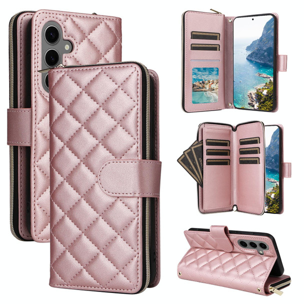 For Samsung Galaxy S24+ 5G Crossbody Rhombic Zipper Tower Buckle Leather Phone Case with Lanyard(Rose Gold)