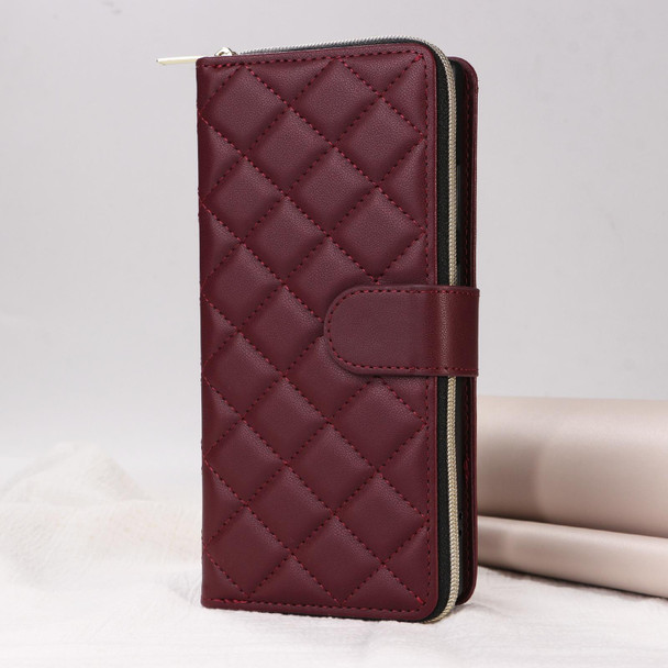 For Samsung Galaxy S22 5G Crossbody Rhombic Zipper Tower Buckle Leather Phone Case with Lanyard(Wine Red)