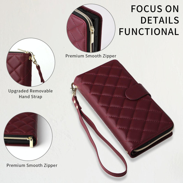For Samsung Galaxy S23 5G Crossbody Rhombic Zipper Tower Buckle Leather Phone Case with Lanyard(Wine Red)