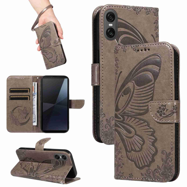 For Sony Xperia 10 VI 2024 Swallowtail Butterfly Embossed Leather Phone Case(Grey)