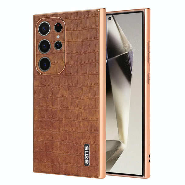 For Samsung Galaxy S22 Ultra 5G AZNS Electroplated Frame Crocodile Texture Full Coverage Phone Case(Brown)