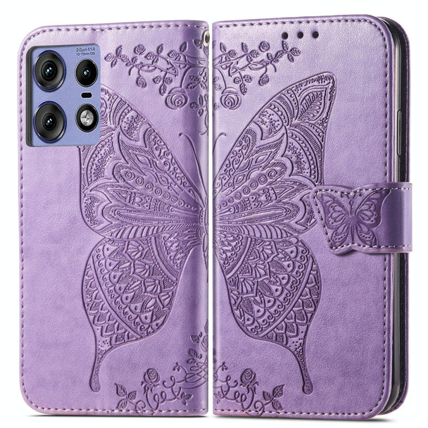 For Motorola moto Edge 50 Ultra Butterfly Love Flower Embossed Leather Phone Case(Light Purple)