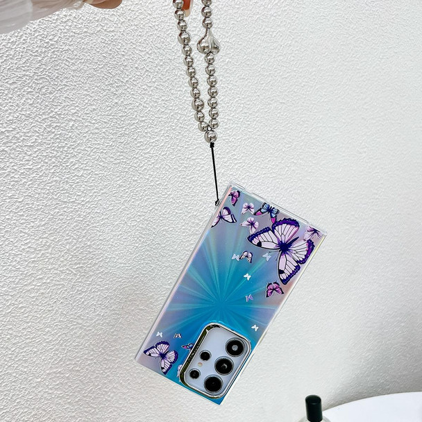 For Samsung Galaxy S24 Ultra 5G Electroplating Laser Butterfly Phone Case with Wrist Strap(White Purple Butterflies AB6)