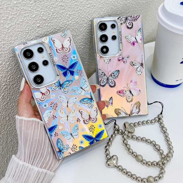 For Samsung Galaxy S22 Ultra 5G Electroplating Laser Butterfly Phone Case with Wrist Strap(Blue Butterflies AB4)