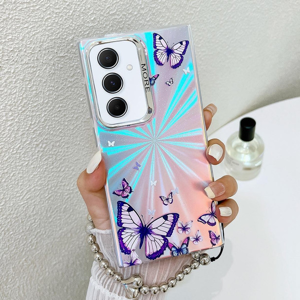 For Samsung Galaxy A55 5G Electroplating Laser Butterfly Phone Case with Wrist Strap(Purple Butterflies AB3)
